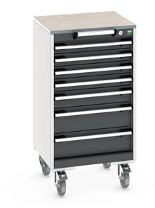 cubio mobile cabinet with 7 drawers & lino worktop. WxDxH: 525x525x990mm. RAL 7035/5010 or selected Bott Mobile Storage 525 x 525